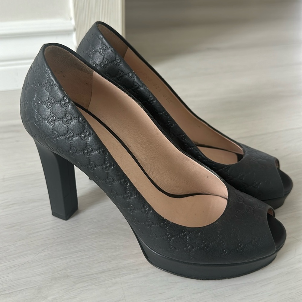 Authentic Gucci Monogram Open Toe Pumps - Size 37.5